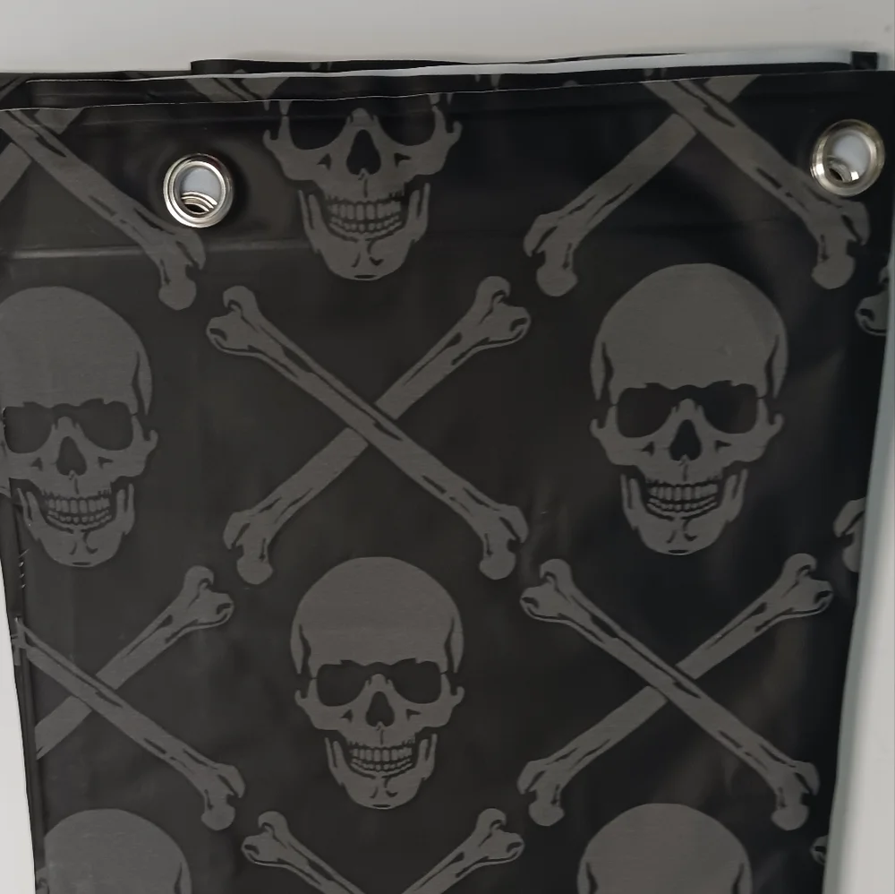 Shower liner black with gray skulls and crossbones print